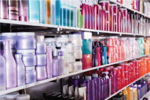 Shelves of various cosmetics products