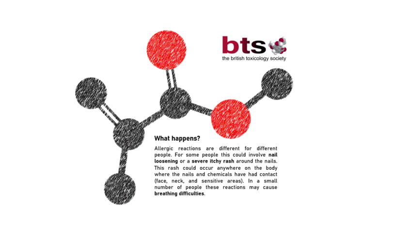 The possible symptoms of an allergic reaction such as allergic contact dermatitis. The logo of the British Toxicology Society is in the top right-hand corner with a graphic depicting a large stylised chemical structure. Allergic reactions are different for different people. For some people this could involve nail loosening or a severe itchy rash around the nails. This rash could occur anywhere on the body where the nails and chemicals have had contact (face, neck, and sensitive areas). In a small number of people these reactions may cause breathing difficulties.